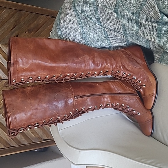 Free People Cognac Leather Lace-Up Above Knee-High Boots - Picture 4 of 6